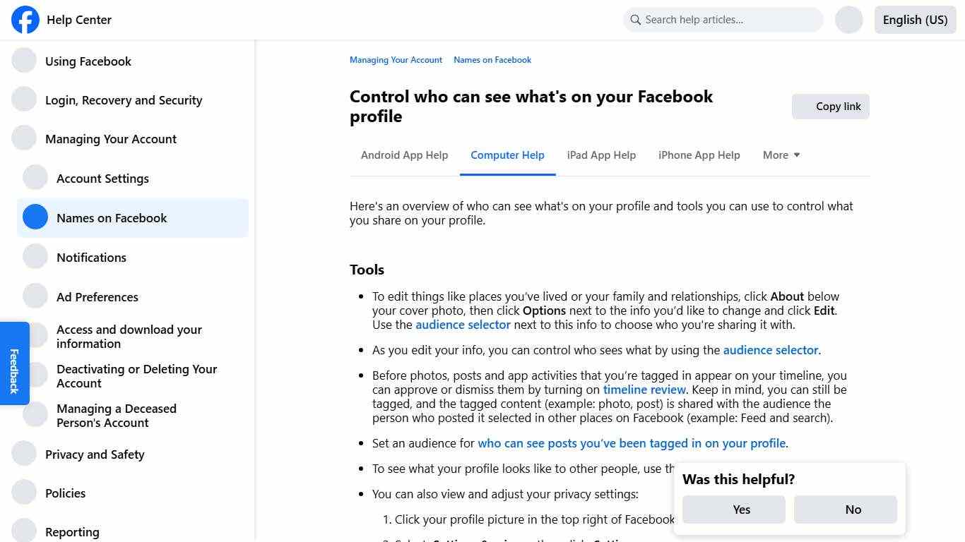 Control who can see what's on your Facebook profile | Facebook Help Center