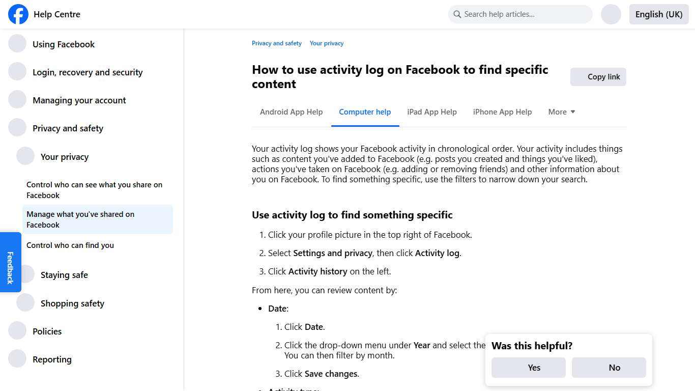 How to use activity log on Facebook to find specific content | Facebook Help Centre