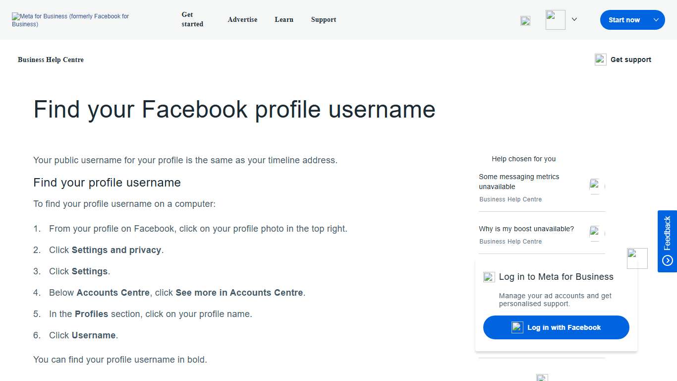 Find your Facebook profile username | Meta Business Help Centre
